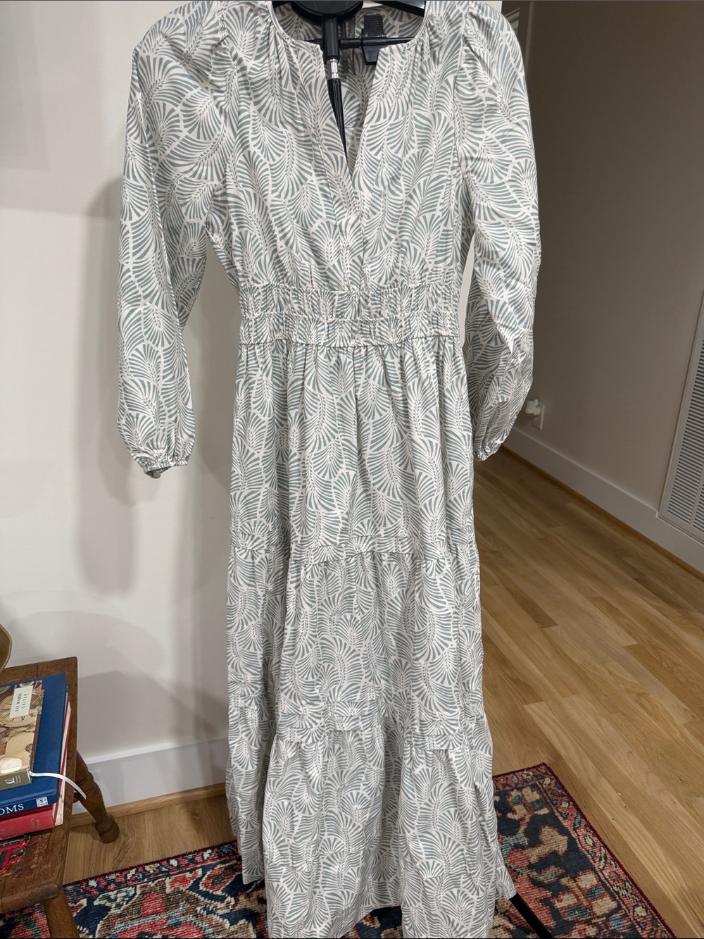 Anthropologie White Maxi Dress with Light Gray Leaf Print